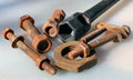 Old rusty bolts nuts and socket wrench Royalty Free Stock Photo