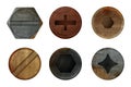 Old rusty bolts screw. Hardware rust metal texture for different iron tools. Vector realistic pictures