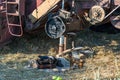 Old, rusty, broken combine harvester on the field Royalty Free Stock Photo