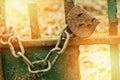 Old rusty broken lock on a green gate. Summer, sunny day.