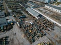 Old rusty broken Russian military cars for scrap metal, aerial view