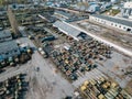 Old rusty broken Russian military cars for scrap metal, aerial view