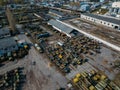 Old rusty broken Russian military cars for scrap metal, aerial view