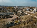 Old rusty broken Russian military cars for scrap metal, aerial view