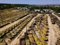 Old rusty broken Russian military vehicles in industrial area, aerial view Royalty Free Stock Photo