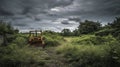 Old rusty bulldozer sitting abandoned in a lush field with overcast skies, evoking a sense of desolation. Royalty Free Stock Photo