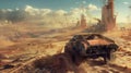 Old rusty car in desert at post apocalypses, view of vintage vehicle and futuristic buildings like fantasy movie. Concept of