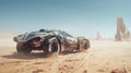 Old rusty car at post apocalypses, view of vintage vehicle in desert like fantasy movie. Concept of dystopia, race, sport,