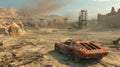 Old rusty car at post apocalypses, view of vintage vehicle and rocks in desert like fantasy movie. Concept of dystopia, race,