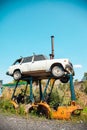 Rostov-on-Don, Russia. 08.08.2020. Old rusty car VAZ-2104 Kalinka, Signet stands on metal supports in a landfill