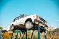 Rostov-on-Don, Russia. 08.08.2020. Old rusty car VAZ-2104 Kalinka, Signet stands on metal supports in a landfill