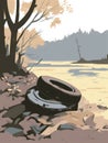 An old rusty car tire lying in a pile of debris on a riverbank.. AI generation