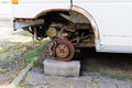 Old rusty car wheel. Cracked tires and rusted hubcaps Royalty Free Stock Photo