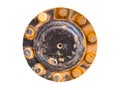 Old rusty car wheel rim and bolt isolate on white background. Dirty nut screws. Royalty Free Stock Photo