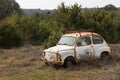 A old rusty car wreck standing in a garden Royalty Free Stock Photo