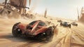 Old rusty cars race at post apocalypses, view of vintage vehicles and futuristic buildings in desert like fantasy movie. Concept