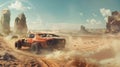 Old rusty cars run in desert at post apocalypses, view of vintage vehicles like futuristic movie. Concept of dystopia, race, sport