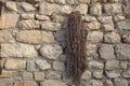 Old rusty chain hanging on the wall of a village house Royalty Free Stock Photo