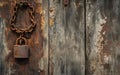 Old rusty chain and padlock on a wooden door, copy space Royalty Free Stock Photo