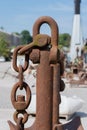 Old, rusty chain rings, interlocking ring chains Royalty Free Stock Photo