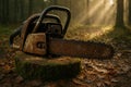 Old rusty chainsaw resting on moss covered tree stump in dense forest with morning sunlight filtering through tall trees, AI Royalty Free Stock Photo
