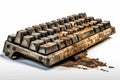 Old rusty computer keyboard sitting on top of piece of wood next to burnt piece of wood. Generative AI