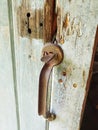 Old rusty door handle at the ranger cabin on the Baldy Mountain hiking trail at Duck Mountain Provincial Park, Manitoba, Canada Royalty Free Stock Photo