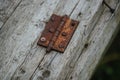 Old and rusty door hinge on a wooden door. Royalty Free Stock Photo