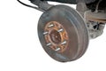 Old rusty drum brakes rear wheel.