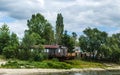 Old rusty fishing boat ship on the bank of the Pripyat River Royalty Free Stock Photo