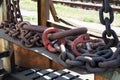 Old and rusty giant metal chains on the metal surface