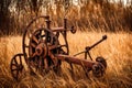 Old rusty grass cutting machine, village landscape background.