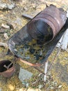 an old, rusty grill made out of a barrel sits in the backyard. Protaras. Ayia Napa. Cyprus.