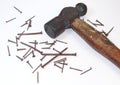 Old rusty hammer and nails Royalty Free Stock Photo