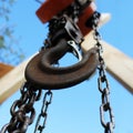 Old rusty hook on blue sky background. Construction industry. Royalty Free Stock Photo