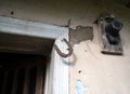 Old rusty horseshoe hanging on a door jamb Royalty Free Stock Photo