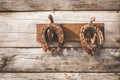 Old rusty horseshoes on vintage wooden board Royalty Free Stock Photo