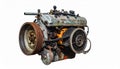 Old rusty internal combustion engine with pulleys and belts on a white background Keywords: engine, motor, internal Royalty Free Stock Photo