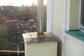 Old rusty iron chimney on the roof of a destroyed house. Royalty Free Stock Photo