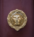 Old golden iron lion head door knocker on a wooden door. Mdina, Malta Royalty Free Stock Photo