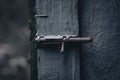 Old  rusty iron retro latch on a painted wooden door Royalty Free Stock Photo