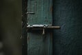 Old  rusty iron retro latch on a painted wooden door Royalty Free Stock Photo