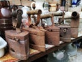 Old rusty irons on a shelf of a vintage antique shop Royalty Free Stock Photo