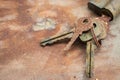 Old rusty keys in lock. Vintage door padlock with keys. Antique keys on weathered background with copy space. Security and safety. Royalty Free Stock Photo