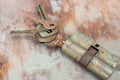 Old rusty keys in lock. Vintage door padlock with keys. Antique keys on weathered background with copy space. Security and safety. Royalty Free Stock Photo