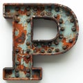 old, rusty letter P stands alone on a stark white background, showcasing the passage of time and neglect