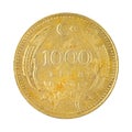 Old and rusty 1000 Lira coin, Turkey money isolated on a white background