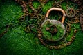 Old rusty lock with chains on green background, green and clean environment.