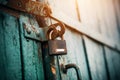 An old rusty lock hangs on the abandoned wooden gate, painted blue, which closes them. Secret Royalty Free Stock Photo