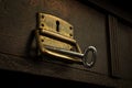 Old rusty lock in a wooden drawer with a key